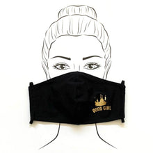 Load image into Gallery viewer, Good Girl Mask- Solid Black-Gold Logo